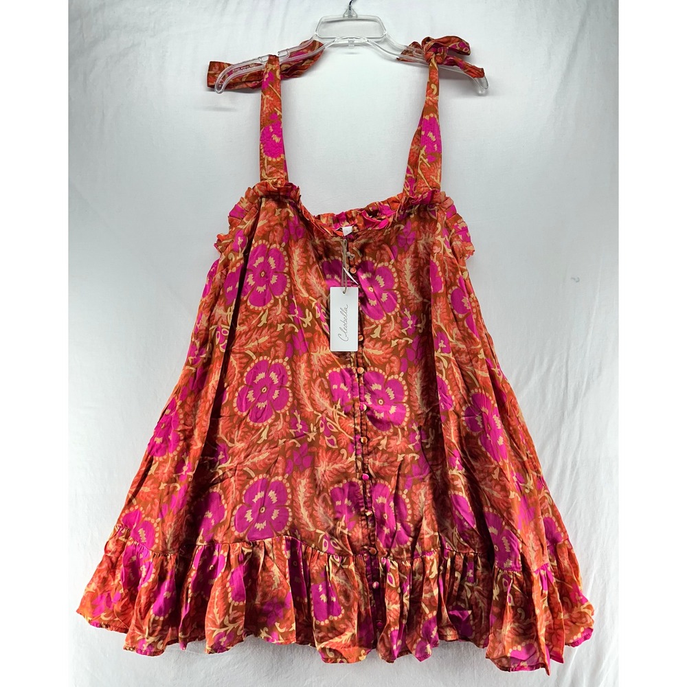 Cleobella Upcycled Floral Mini Dress Pink Orange Tie Shoulder Babydoll Large NEW